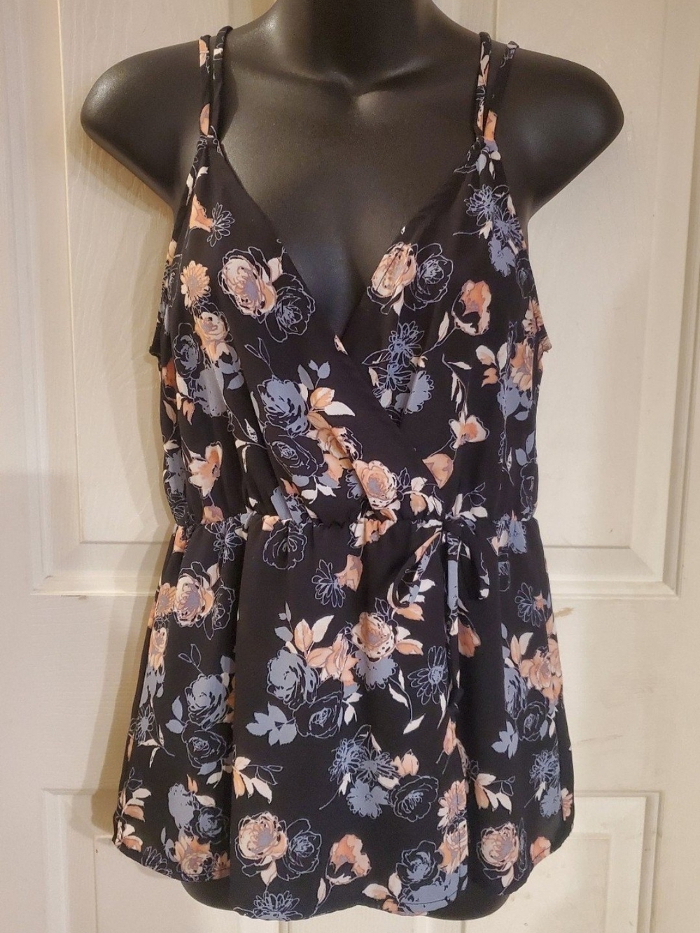 Lily White Floral V-Neck Camisole in Black, Peach & Light Blue